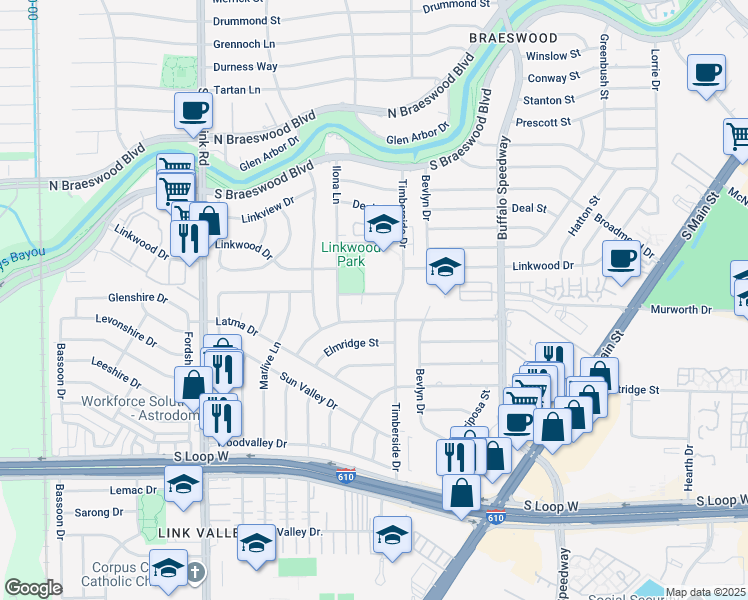 map of restaurants, bars, coffee shops, grocery stores, and more near 3522 Durhill Street in Houston