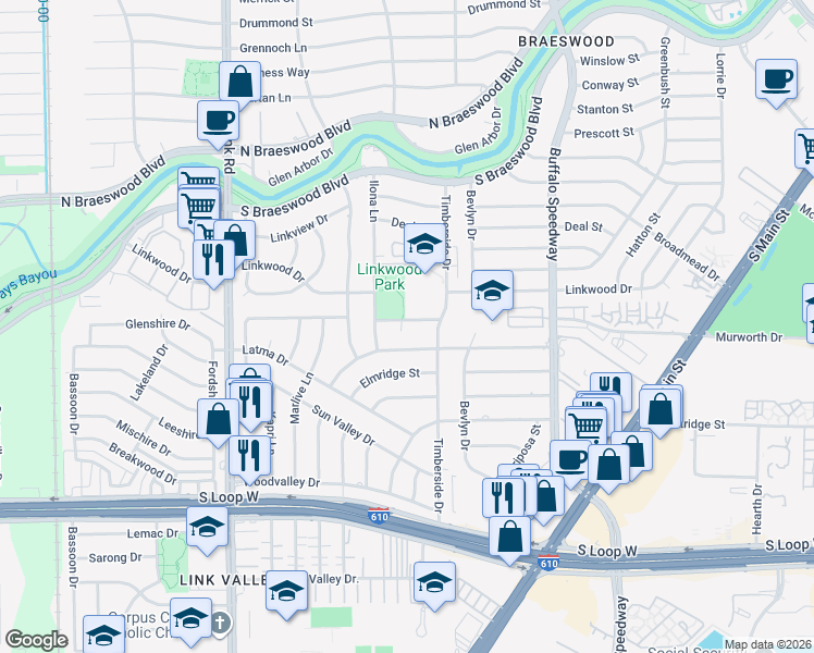 map of restaurants, bars, coffee shops, grocery stores, and more near 3522 Durhill Street in Houston