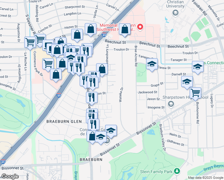 map of restaurants, bars, coffee shops, grocery stores, and more near 8973 Jason Street in Houston