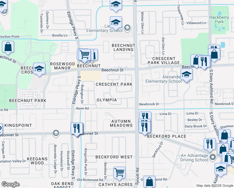 map of restaurants, bars, coffee shops, grocery stores, and more near 8626 Causeway Drive in Houston