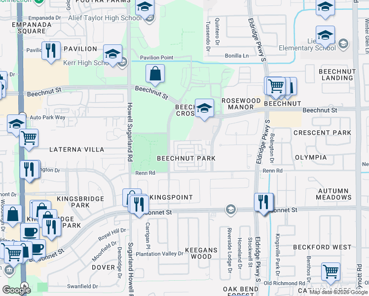 map of restaurants, bars, coffee shops, grocery stores, and more near 8610 Prima Street in Houston