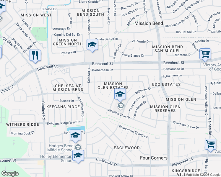 map of restaurants, bars, coffee shops, grocery stores, and more near 8410 Tamayo Drive in Houston