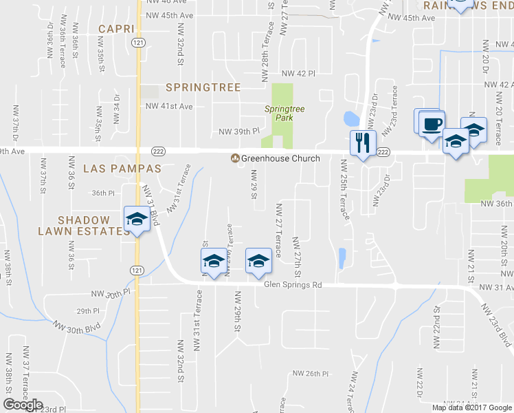 map of restaurants, bars, coffee shops, grocery stores, and more near 3527 Northwest 29 Street in Gainesville