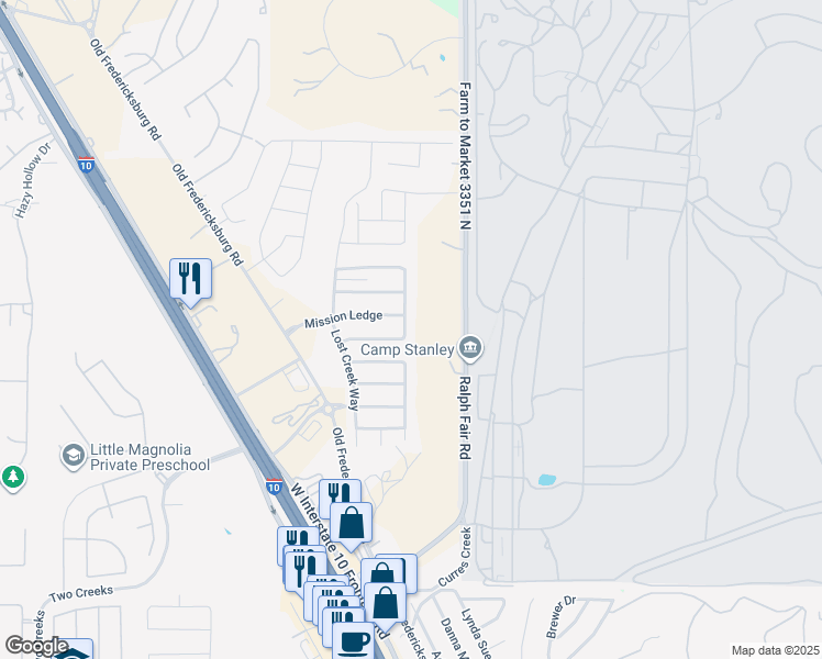 map of restaurants, bars, coffee shops, grocery stores, and more near 25914 Mission Bluff in Boerne