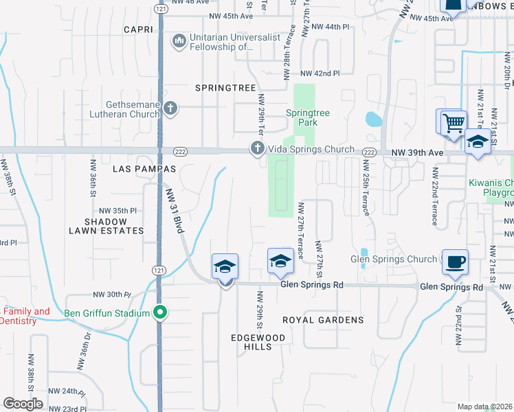 map of restaurants, bars, coffee shops, grocery stores, and more near 3505 Northwest 29th Terrace in Gainesville