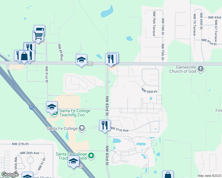 map of restaurants, bars, coffee shops, grocery stores, and more near 3605 Northwest 83 Street in Gainesville