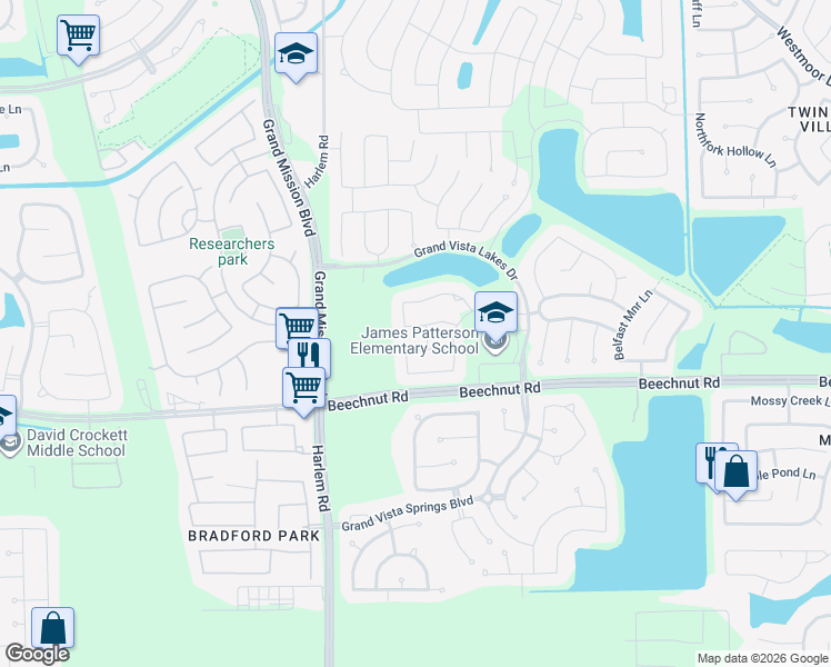 map of restaurants, bars, coffee shops, grocery stores, and more near 18939 Elrington Creek Court in Richmond