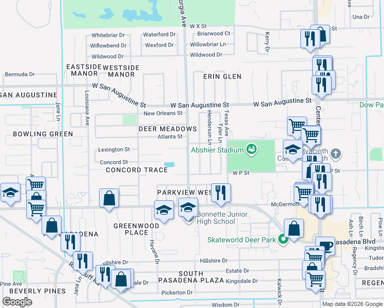 map of restaurants, bars, coffee shops, grocery stores, and more near 1902 Georgia Avenue in Deer Park