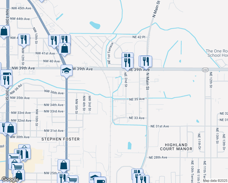 map of restaurants, bars, coffee shops, grocery stores, and more near 3583 Northeast 1st Drive in Gainesville