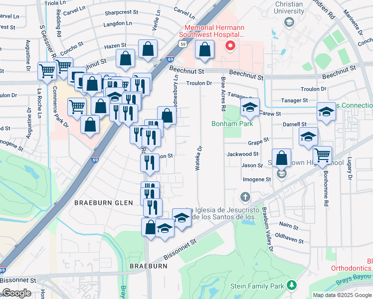 map of restaurants, bars, coffee shops, grocery stores, and more near 8484 Jason Street in Houston