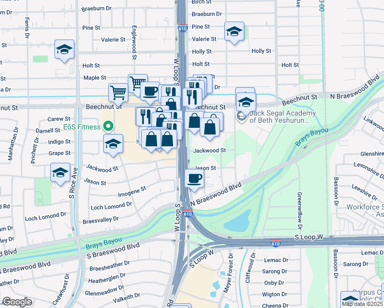 map of restaurants, bars, coffee shops, grocery stores, and more near 8801 West Loop South in Houston
