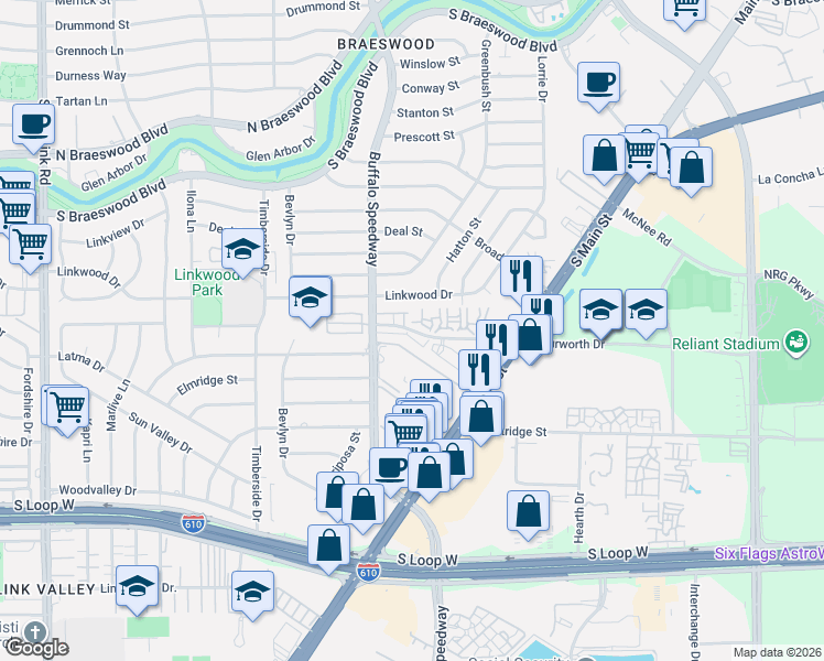 map of restaurants, bars, coffee shops, grocery stores, and more near 3056 Murworth Drive in Houston