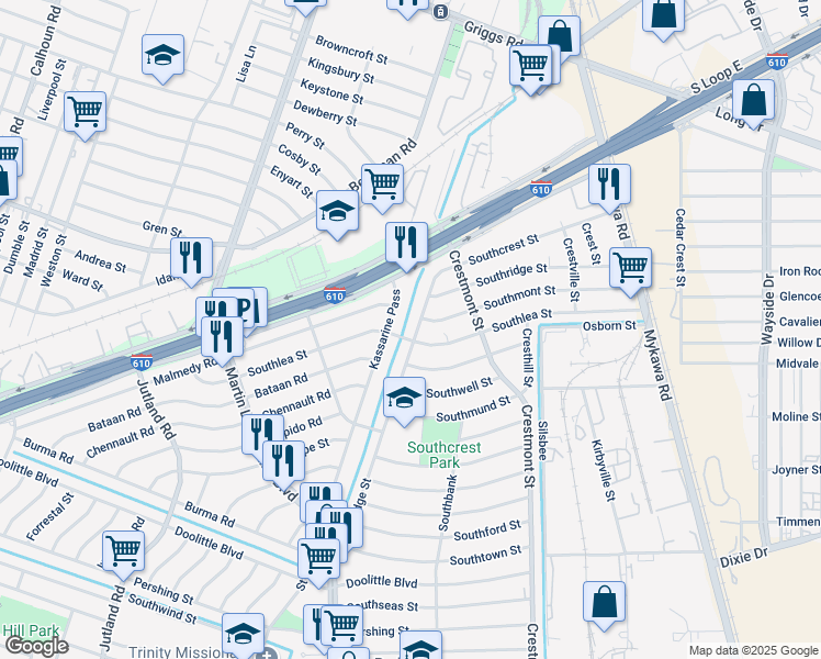 map of restaurants, bars, coffee shops, grocery stores, and more near 6610 Crestridge Street in Houston