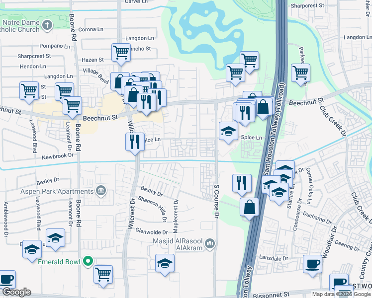 map of restaurants, bars, coffee shops, grocery stores, and more near 10555 Spice Lane in Houston