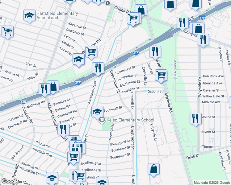 map of restaurants, bars, coffee shops, grocery stores, and more near 5863 Southurst Street in Houston