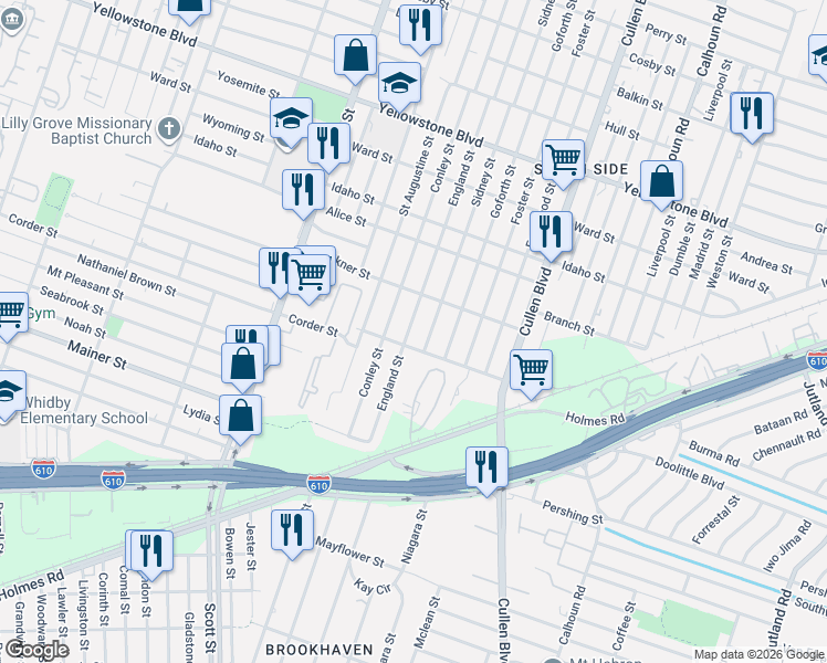 map of restaurants, bars, coffee shops, grocery stores, and more near 4206 Dreyfus Street in Houston