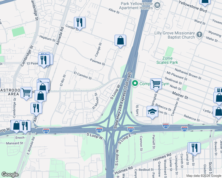 map of restaurants, bars, coffee shops, grocery stores, and more near 3028 South Loop West in Houston