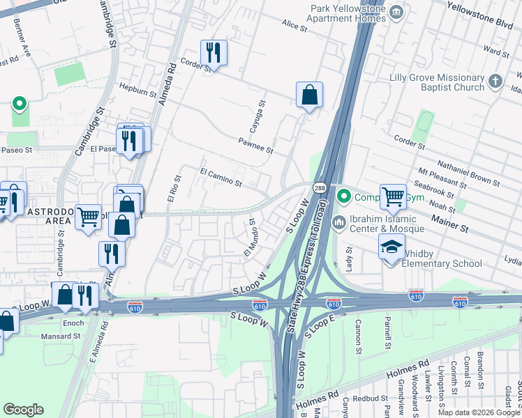 map of restaurants, bars, coffee shops, grocery stores, and more near 2804 Holly Hall Street in Houston