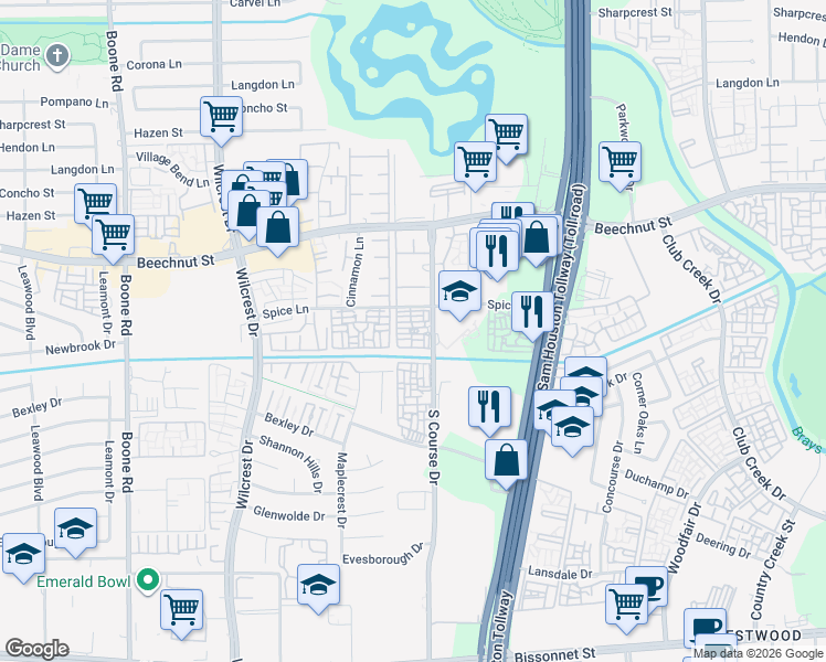 map of restaurants, bars, coffee shops, grocery stores, and more near 8600 South Course Drive in Houston