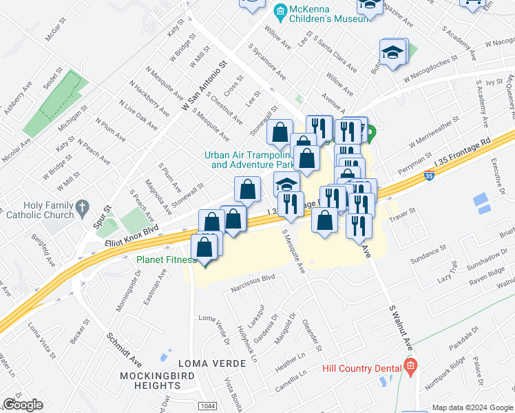 map of restaurants, bars, coffee shops, grocery stores, and more near 1436 Interstate Highway 35 South in New Braunfels