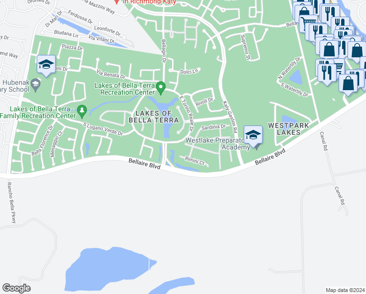 map of restaurants, bars, coffee shops, grocery stores, and more near 23711 Certosa Drive in Richmond