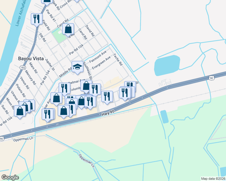 map of restaurants, bars, coffee shops, grocery stores, and more near 124-140 Todds Lane in Morgan City