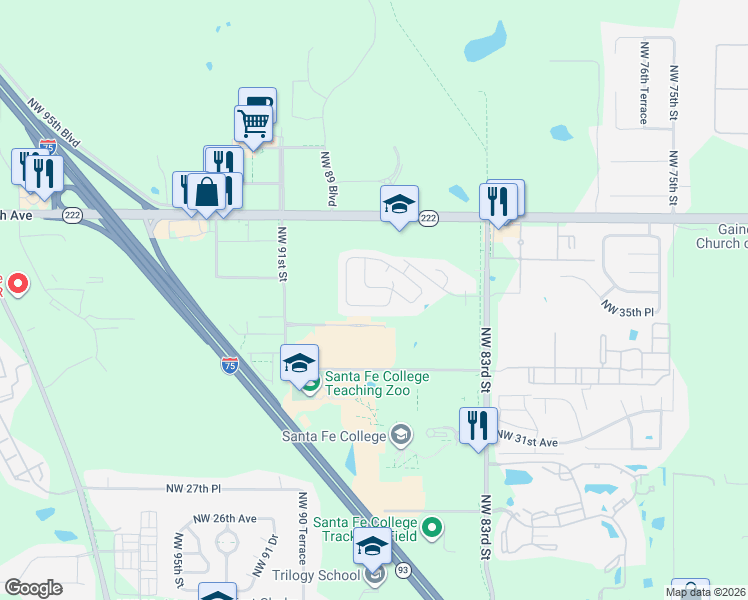 map of restaurants, bars, coffee shops, grocery stores, and more near 8803 Northwest 35 Place in Gainesville