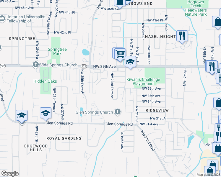 map of restaurants, bars, coffee shops, grocery stores, and more near 3526 Northwest 22nd Terrace in Gainesville
