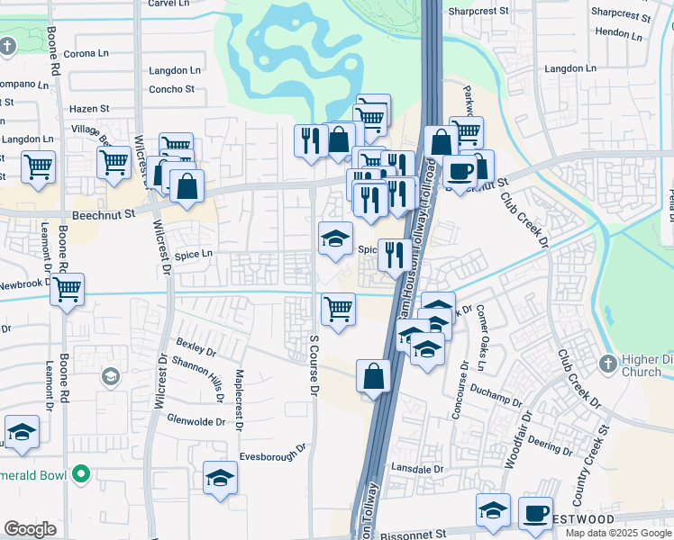 map of restaurants, bars, coffee shops, grocery stores, and more near 10255 Spice Lane in Houston