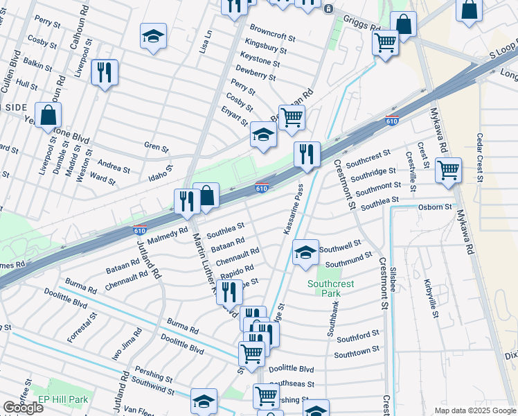 map of restaurants, bars, coffee shops, grocery stores, and more near 5514 Malmedy Road in Houston