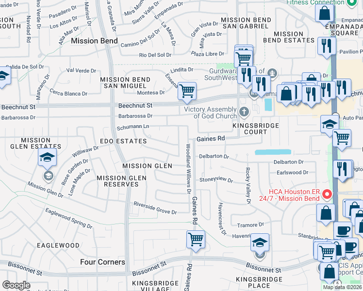 map of restaurants, bars, coffee shops, grocery stores, and more near 8227 Woodland Willows Drive in Houston