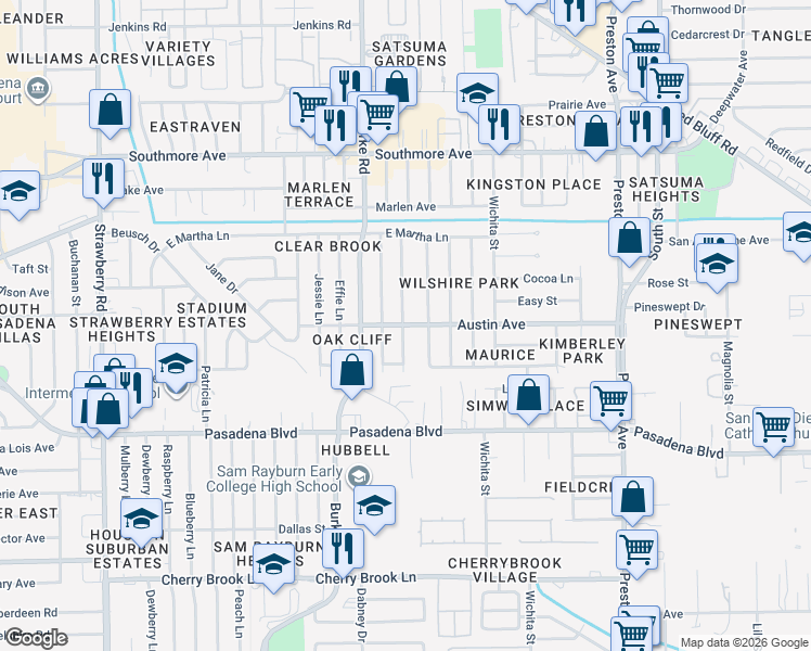 map of restaurants, bars, coffee shops, grocery stores, and more near 2222 Austin in Pasadena