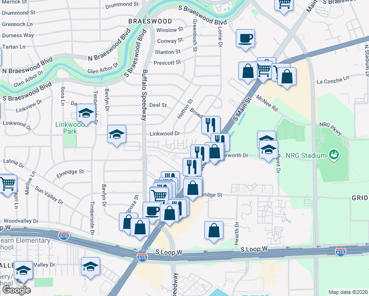 map of restaurants, bars, coffee shops, grocery stores, and more near 3000 Murworth Drive in Houston