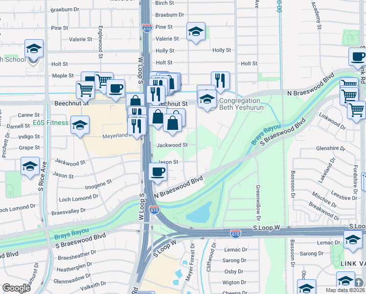 map of restaurants, bars, coffee shops, grocery stores, and more near 8752 Meyer Park Dr in Houston