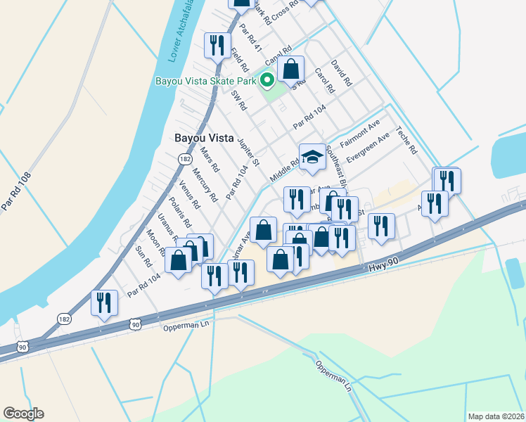 map of restaurants, bars, coffee shops, grocery stores, and more near 101 Circle Drive in Morgan City