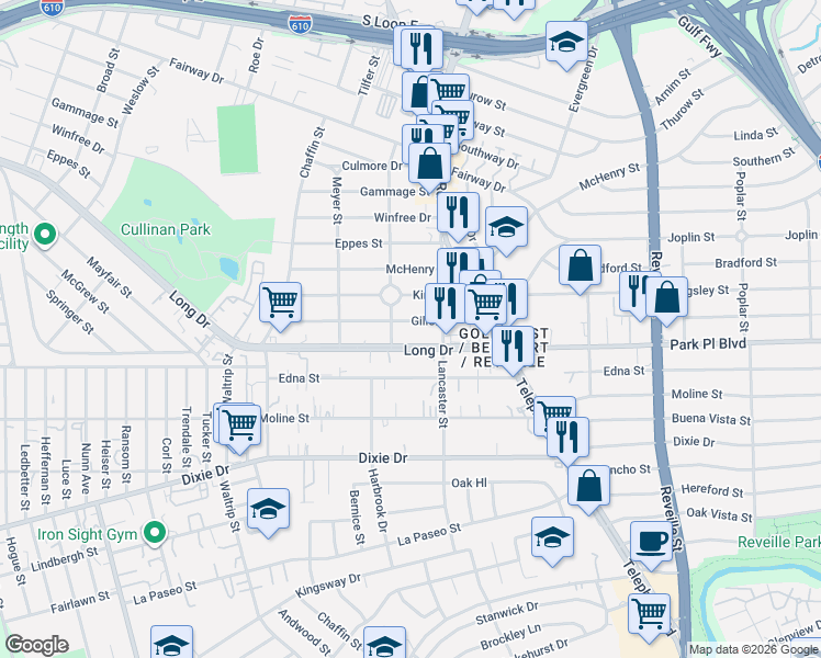 map of restaurants, bars, coffee shops, grocery stores, and more near 7223 Gillen Street in Houston