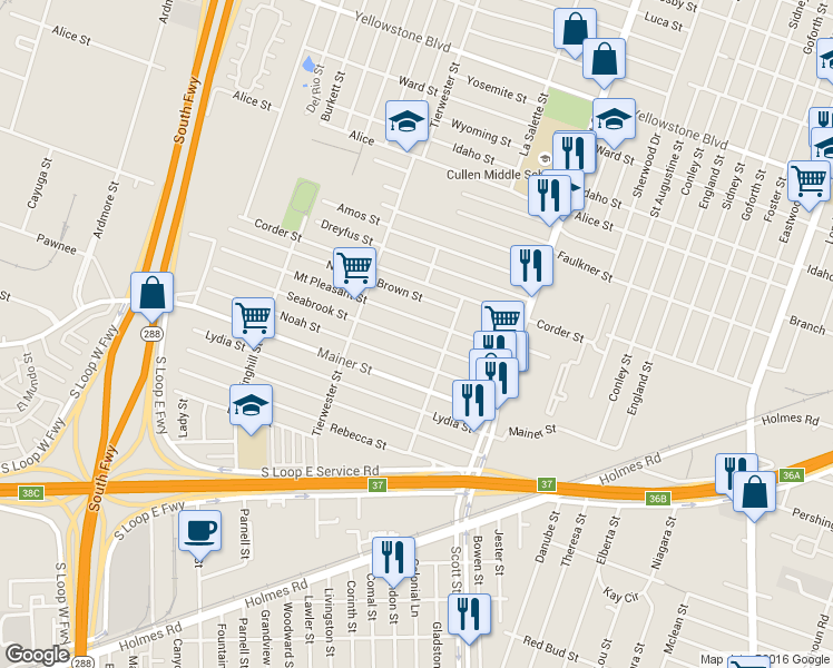 map of restaurants, bars, coffee shops, grocery stores, and more near 3711 Mount Pleasant Street in Houston