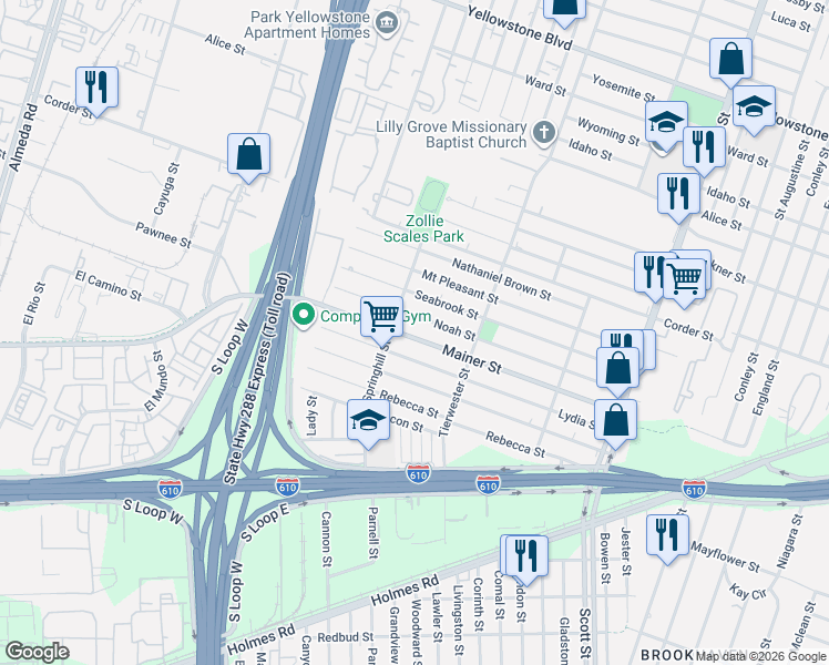 map of restaurants, bars, coffee shops, grocery stores, and more near 7505 Springhill Street in Houston