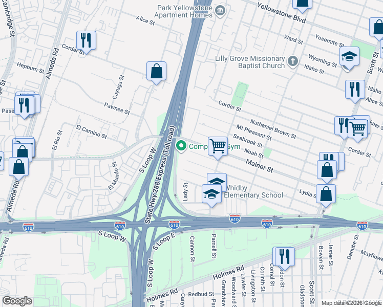 map of restaurants, bars, coffee shops, grocery stores, and more near 3401 Lydia Street in Houston