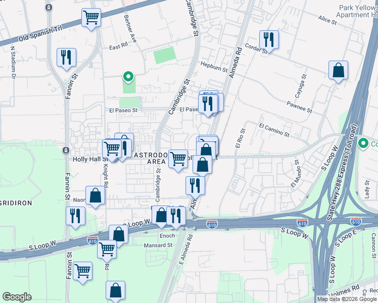 map of restaurants, bars, coffee shops, grocery stores, and more near 2120 El Paseo Street in Houston