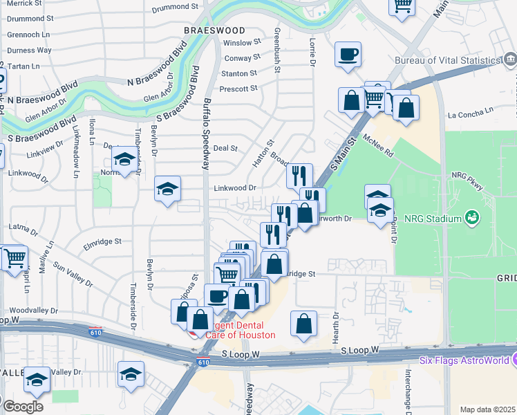 map of restaurants, bars, coffee shops, grocery stores, and more near 2903 Linkwood Drive in Houston