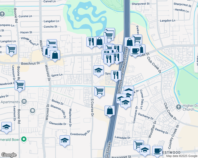 map of restaurants, bars, coffee shops, grocery stores, and more near 7 Spice Lane in Houston