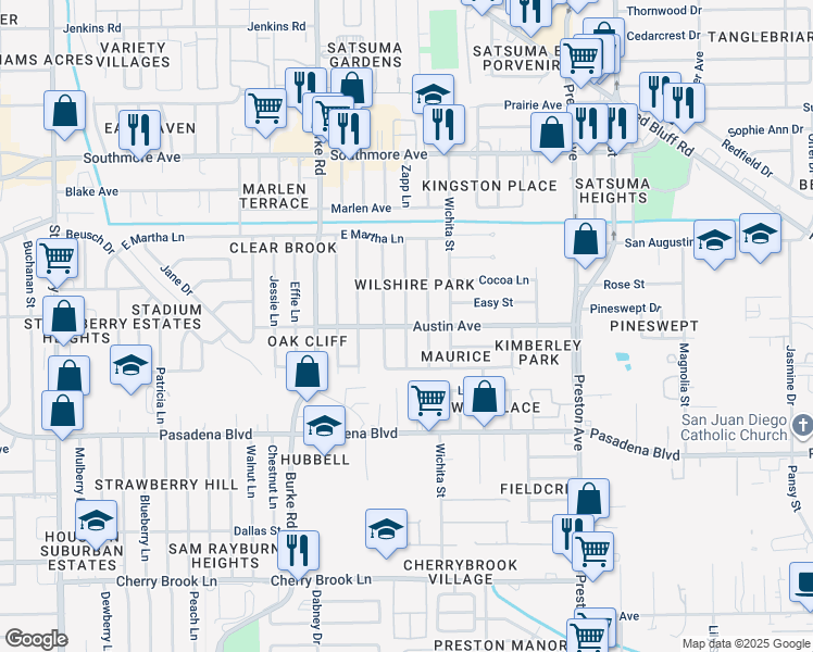 map of restaurants, bars, coffee shops, grocery stores, and more near Austin in Pasadena