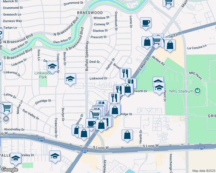 map of restaurants, bars, coffee shops, grocery stores, and more near 3000 Murworth Drive in Houston