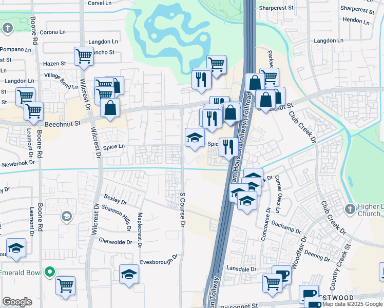 map of restaurants, bars, coffee shops, grocery stores, and more near 10255 Spice Lane in Houston