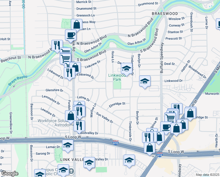 map of restaurants, bars, coffee shops, grocery stores, and more near 8902 Ilona Lane in Houston