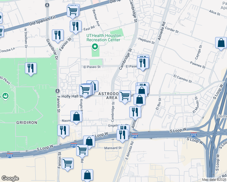 map of restaurants, bars, coffee shops, grocery stores, and more near 8289 Cambridge Street in Houston