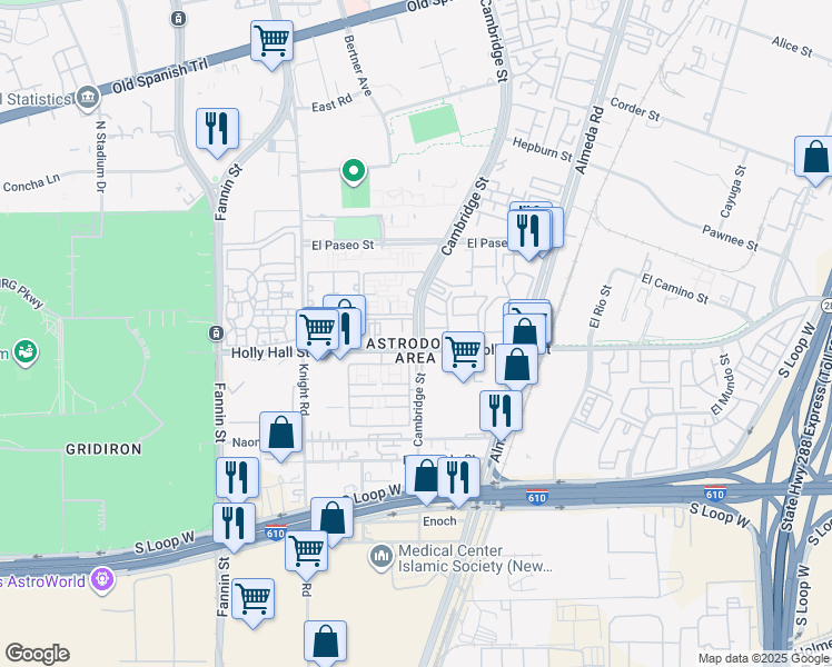map of restaurants, bars, coffee shops, grocery stores, and more near 8282 Cambridge Street in Houston