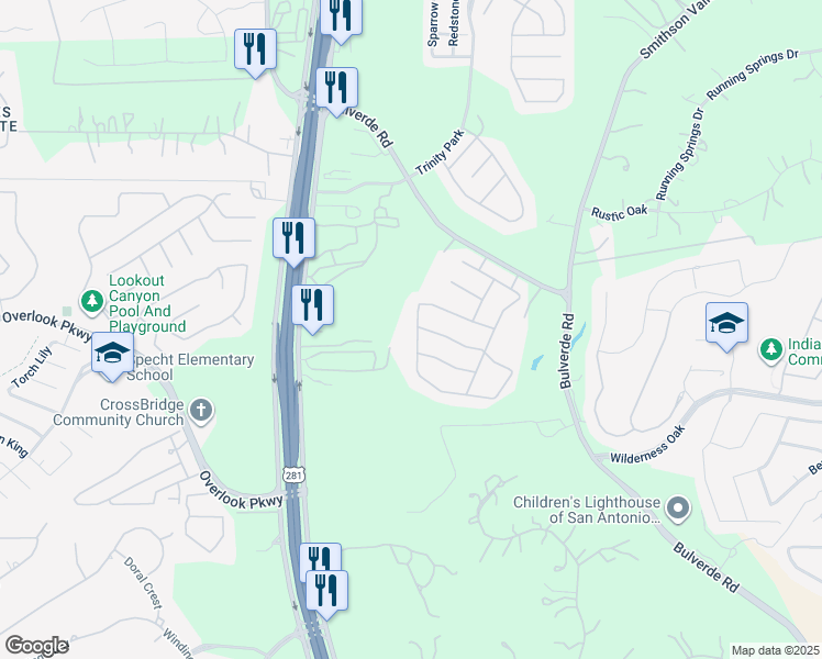 map of restaurants, bars, coffee shops, grocery stores, and more near 25939 Avellino Bluff in San Antonio