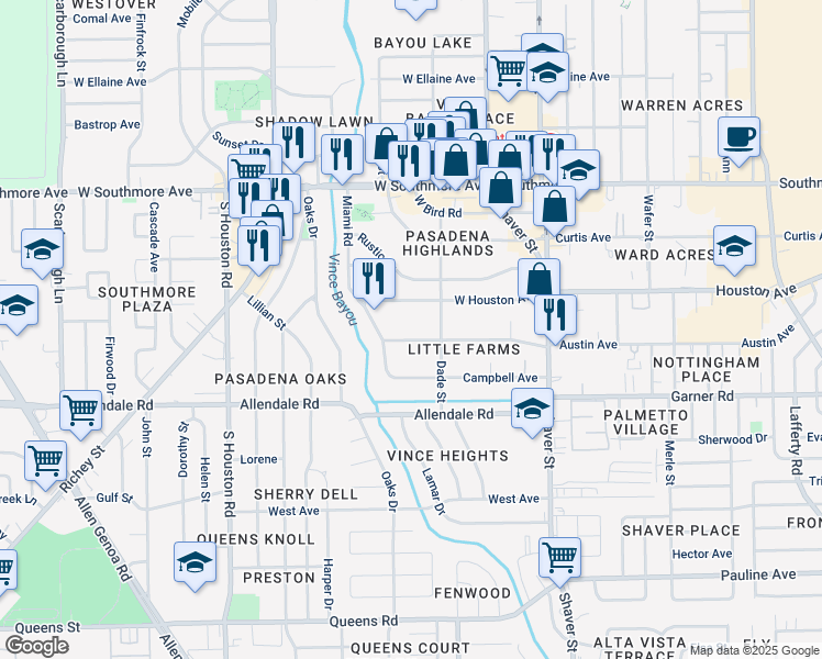 map of restaurants, bars, coffee shops, grocery stores, and more near 309 West Houston Avenue in Pasadena